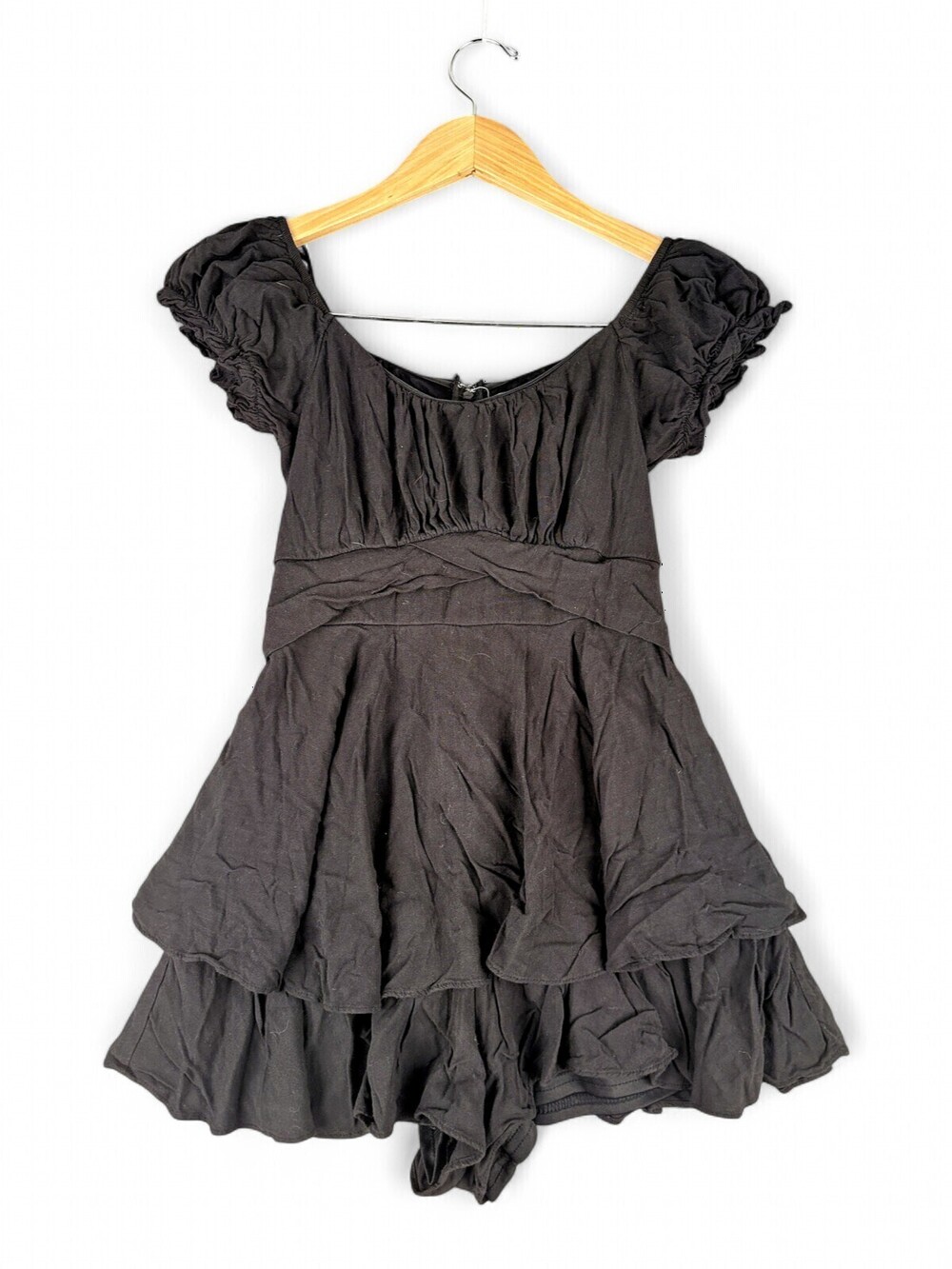 Altar'd State Black Tiered Romper Jumpsuit S Puff Sleeve